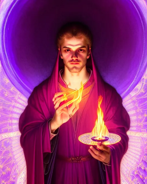 Image similar to portrait of saint germain holding a violet colored flame, purple fire, intricate, elegant, highly detailed, digital painting, artstation, concept art, smooth, sharp focus, illustration, art by artgerm and greg rutkowski and fra angelico and alphons mucha