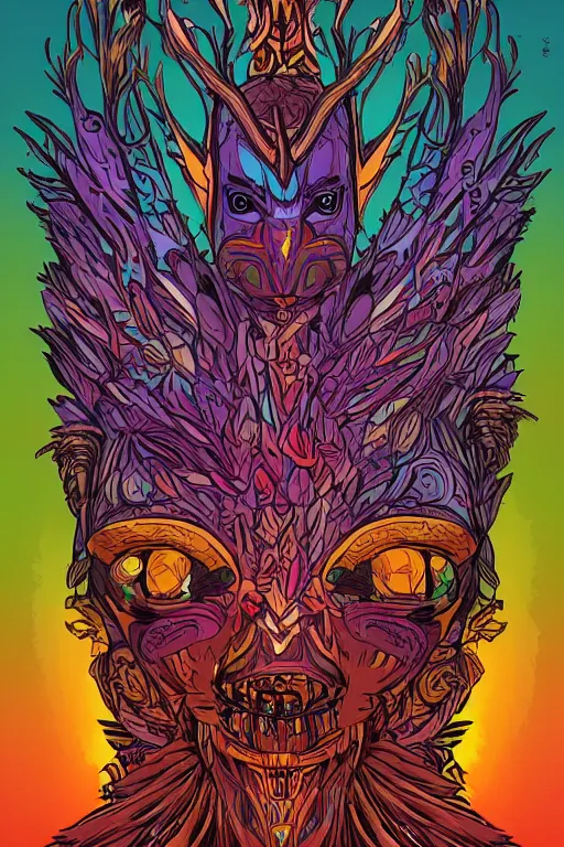 Image similar to animal mask totem roots flower tribal feather gemstone plant wood rock shaman vodoo video game vector cutout illustration vivid multicolor borderlands comics by josan gonzales and dan mumford radiating a glowing aura