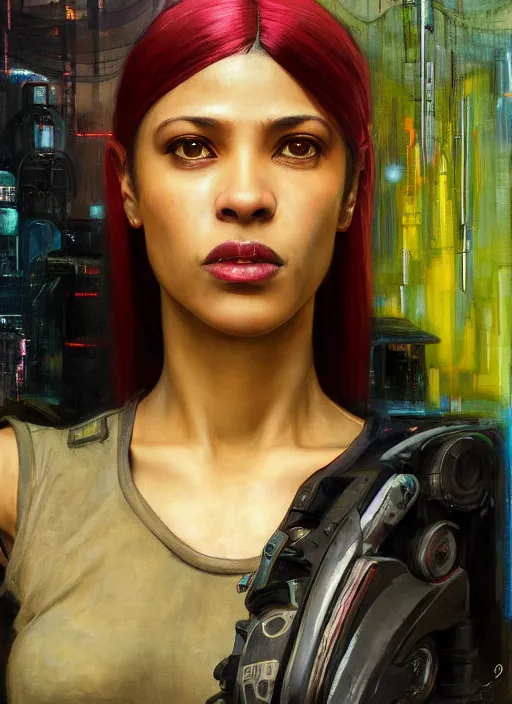 Image similar to Sonya Igwe. Beautiful Cyberpunk mechanic with robotic legs. (Cyberpunk 2077, bladerunner 2049). Iranian orientalist portrait by john william waterhouse and Edwin Longsden Long and Theodore Ralli and Nasreddine Dinet, oil on canvas. Cinematic, vivid colors, hyper realism, realistic proportions, dramatic lighting, high detail 4k