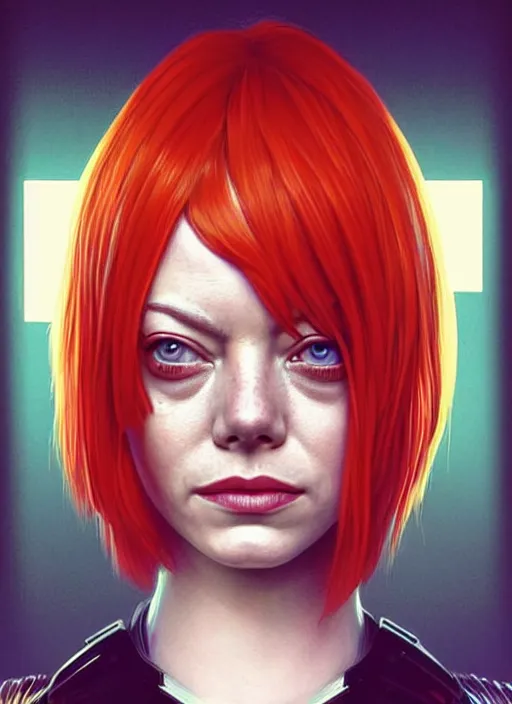 Image similar to portrait of Emma Stone as Leeloo from the fifth element as a character in Cyberpunk 2077, looking at camera, intricate, elegant, sci-fi, extremely detailed, digital painting, artstation, concept art, smooth, sharp focus, illustration, ambient lighting, incredible art by artgerm and greg rutkowski and alphonse mucha and simon stalenhag