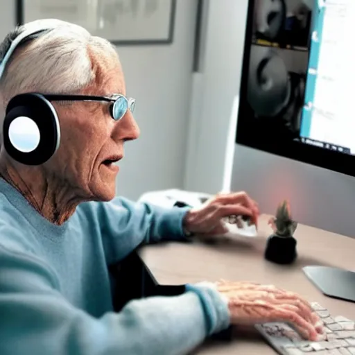 Image similar to A colored colorized real screenshot of Jerma985 as an elderly guy streaming on his computer while wearing headphones, taken in the early 2020s, taken on a 2010s Camera, realistic, hyperrealistic, very realistic, very very realistic, highly detailed, very detailed, extremely detailed, detailed, digital art, trending on artstation, headshot and bodyshot, detailed face, very detailed face, very detailed face, real, real world, in real life, realism, HD Quality, 8k resolution, intricate details, colorized photograph, colorized photon, body and headshot, body and head in view