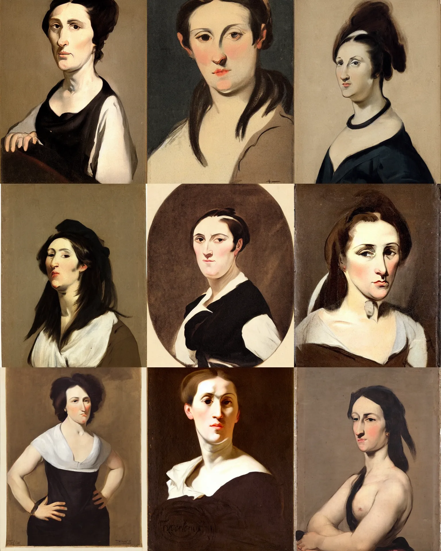 Prompt: a portrait of a woman by theodore gericault. she has long straight dark brown hair, parted in the middle. she has large dark brown eyes, a small refined nose, and thin lips. she is wearing a t - shirt with the supreme brand logo lettering on it, a sleeveless white blouse, a pair of dark brown capris, and black loafers.