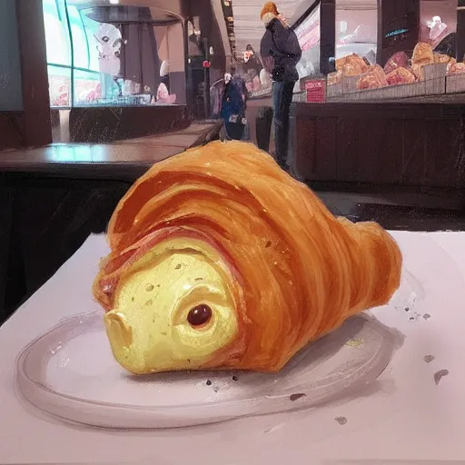 Image similar to Percy Pig eating a croissant at Pret in Gatwick Airport, Greg Rutkowski