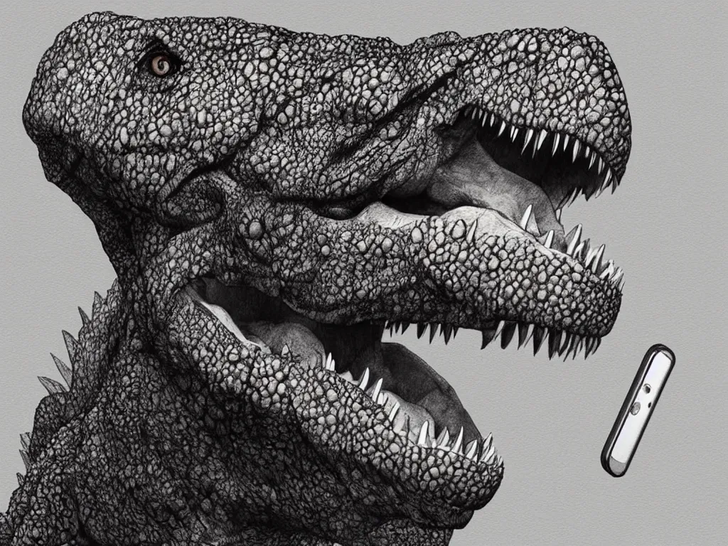Image similar to tyrannosaurus rex holding an iphone, photorealistic