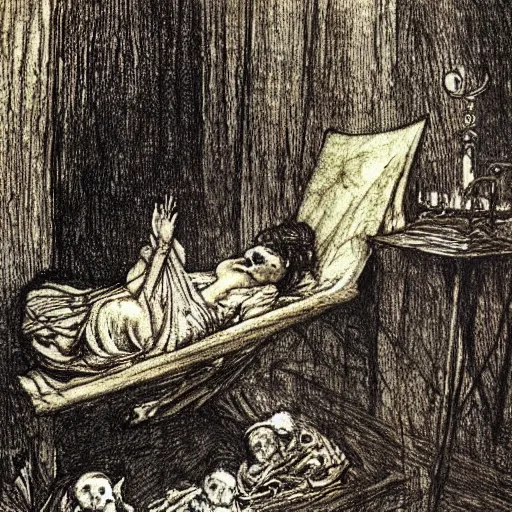 Image similar to Darkness falls again but now I know that twenty centuries of stony sleep were vexed to nightmare by a rocking cradle, painted by Arthur Rackham