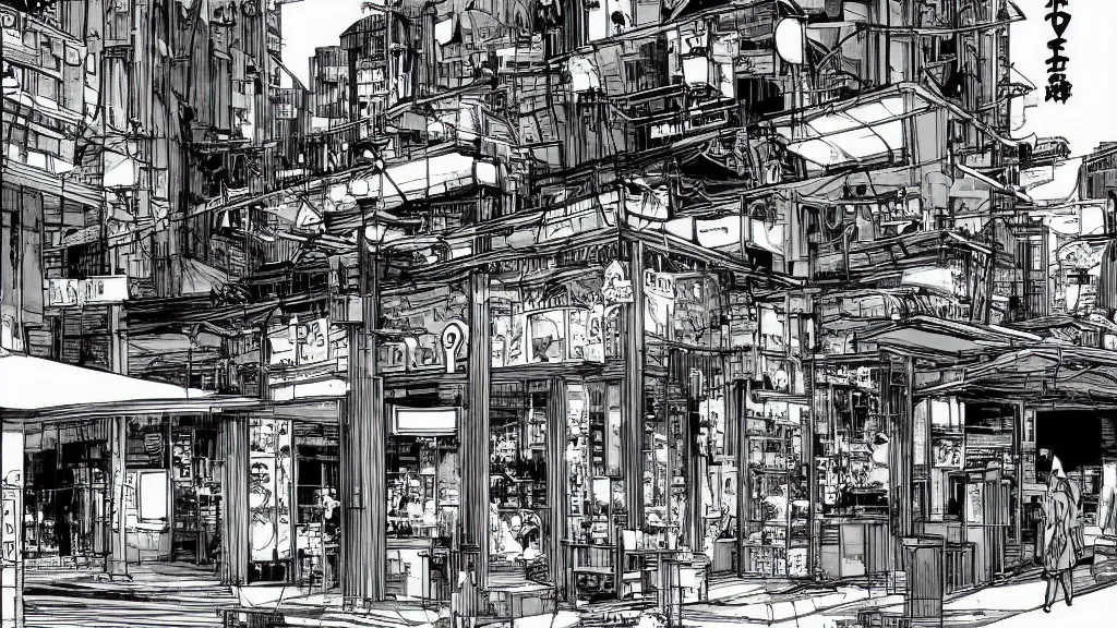 Prompt: The exterior of a Jollibee, manga, b&w, by Tsutomu Nihei
