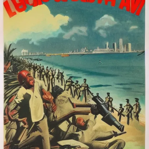 Image similar to ww 2 propaganda poster showing the tropical city of lagos nigeria