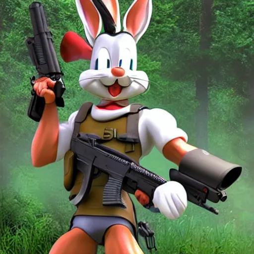 Prompt: Bugs bunny holding a machine gun as rambo, photorealistic, hyperrealistic action shot god rays -9