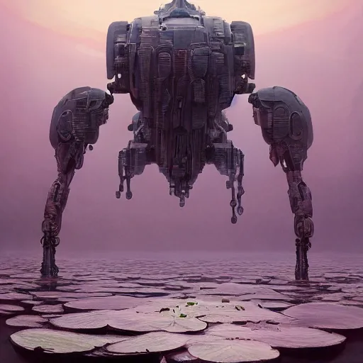 Prompt: waterlily shaped biomechanical combat mecha, sci - fi movie, cinematic compositions, highly detailed, canon eos r 3, 8 k, illustration, bandai box art, retrofuturism, by beksinski, rutkowski and stalenhag