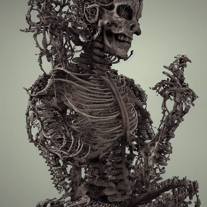 Image similar to portrait of Buddhist Monk as ((((skeleton)))). intricate abstract. intricate artwork. nightmare fuel. by Tooth Wu, wlop, beeple, dan mumford. octane render, trending on artstation, greg rutkowski very coherent symmetrical artwork. cinematic, hyper realism, high detail, octane render, 8k, iridescent accents