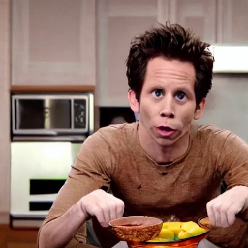 Image similar to dennis reynolds, sitting on a throne in a kitchen, cinematic style