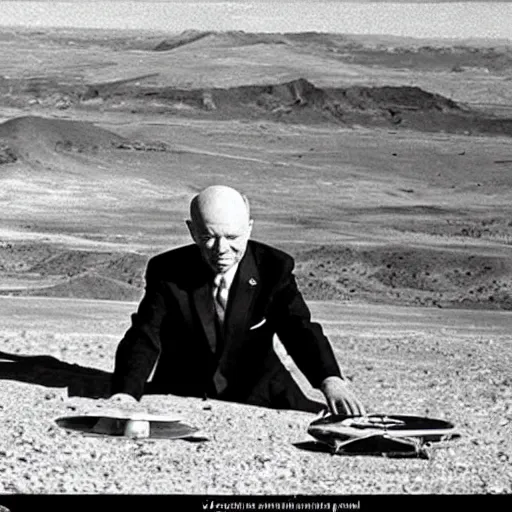 Image similar to president eisenhower aboarding a ufo in the desert as high ranked government officials are watching, black and white old photo