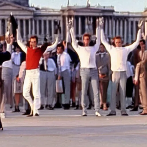 Image similar to still of emmanuel macron clones, invading place de la concorde, in american psycho ( 1 9 9 9 ), sunset