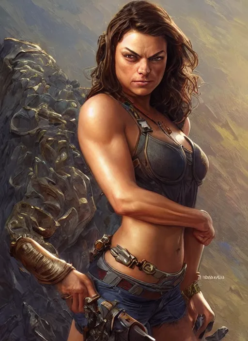 Image similar to muscled Mila Kunis grinning as a ruggedly handsome heroine, intricate, elegant, highly detailed, centered, artstation, concept art, smooth, sharp focus, illustration, bokeh art by artgerm and donato giancola and Joseph Christian Leyendecker, WLOP