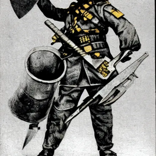 Image similar to an ecstatic Death Korps of Kreig soldier wearing grey and wielding a shovel