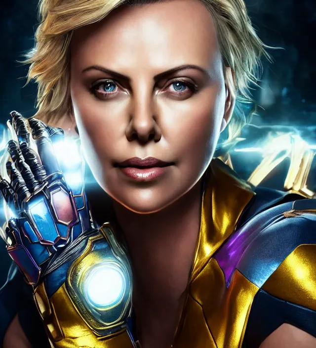 Image similar to portrait of (Charlize Theron), wearing The Infinity Gauntlet. intricate artwork. octane render, trending on artstation, very coherent symmetrical artwork. avengers. thanos. cinematic, hyper realism, high detail, octane render, 8k, iridescent accents