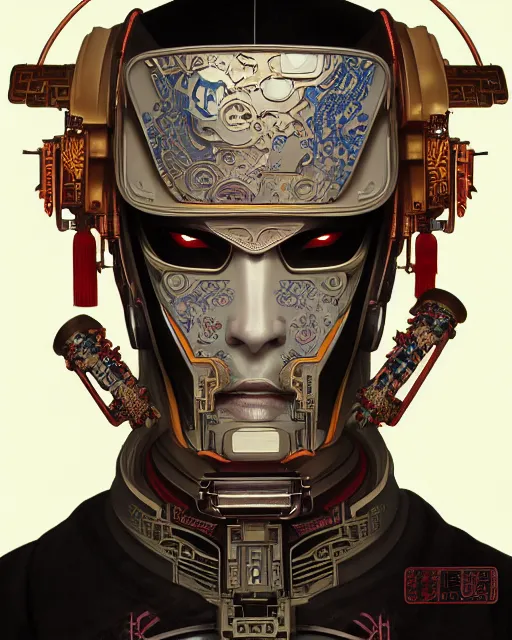 Image similar to portrait of a male cyberpunk machine, machine face, upper half portrait, decorated with chinese opera motifs, asian, fine china, wuxia, traditional chinese art, intricate, elegant, highly detailed, symmetry, headpiece, digital painting, artstation concept art smooth sharp focus, illustration, art by artgerm and greg rutkowski alphonse mucha 8 k