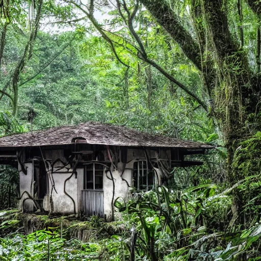 Prompt: An old Gast station in a dense jungle