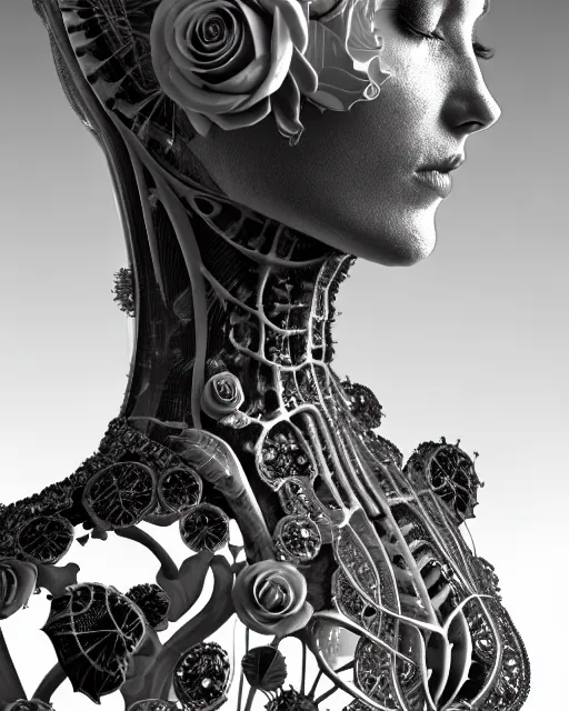 Image similar to mythical dreamy black and white organic bio - mechanical spinal ribbed profile face portrait detail of translucent steampunk beautiful female angelic - human - queen - vegetal - cyborg, highly detailed, intricate crystal ivy jelly ornate, poetic, translucent roses ornate, 3 d render, digital art, octane render, 8 k artistic photography, photo - realistic, by dora maar