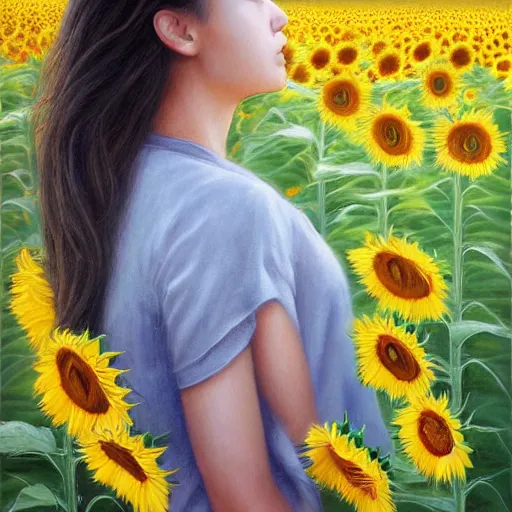 Image similar to a girl smelling one of sunflowers in an amazing tall sunflower field, hair flowing, fog, early morning lightning, subtle, intricate details, real masterpiece, oil on canvas, by somsak anong