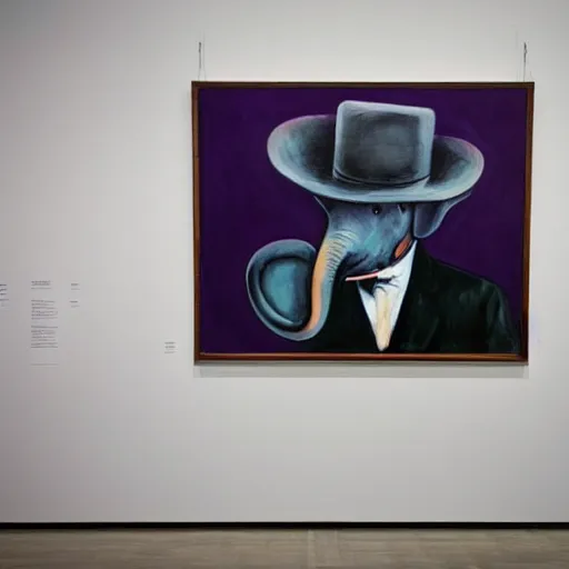 Prompt: in an art gallery, there is a huge painting of an elephant by marlene dumas. a man in a top hat and a suit is looking up at the painting. cgsociety, surrealism, surrealist, dystopian art, purple color scheme