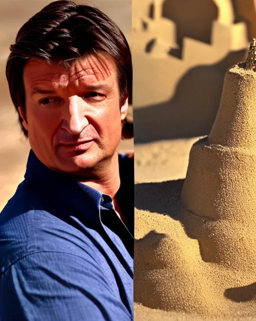 Prompt: nathan fillion is a detailed sandcastle, beautiful composition, cinematic lighting, epic and vibrant award winning