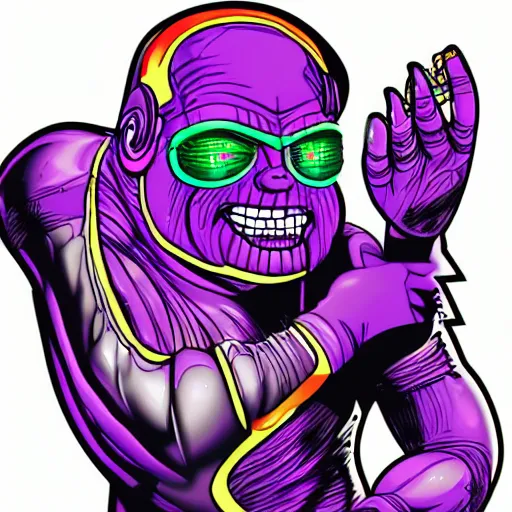 Prompt: artgerm, psychedelic laughing cybertronic thanos, rocking out, headphones dj rave, digital artwork, r. crumb, svg vector