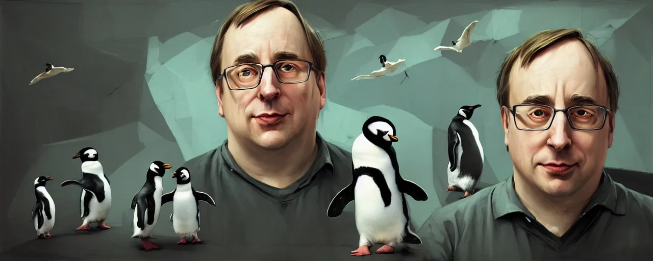 Image similar to duotone abstrac tconcept illustration 3 / 4 portrait of linus torvalds with penguins in the background. cinematic scene. vlumetric lighting. golden rario accidental renaissance. by sachin teng and sergey kolesov and ruan jia and heng z. graffiti art, scifi, fantasy, hyper detailed. octane render. concept art. trending on artstation