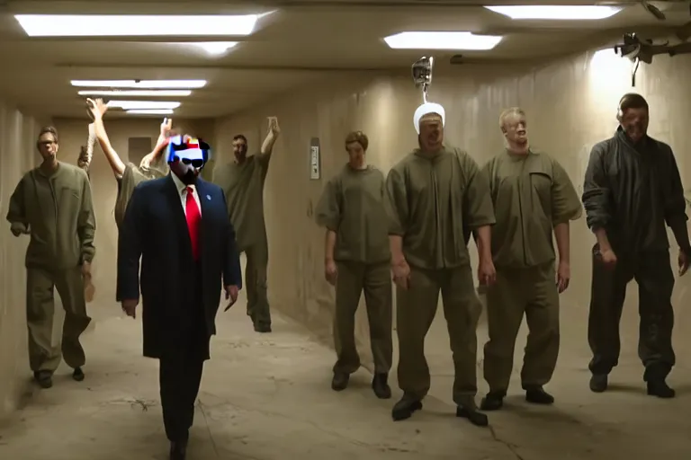 Image similar to cult members breaking donald trump out of prison mission impossible style, cinematic lighting