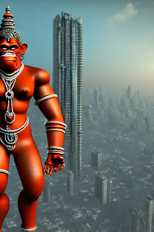 Image similar to high quality 3 d render cyborg hanuman! madhubani, highly detailed, cyberpunk!! mumbai in the background, unreal engine cinematic smooth, szukalski charlie immer, moody light, low angle, uhd 8 k, sharp focus