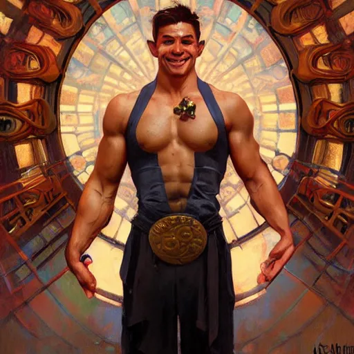 Prompt: character concept, portrait, symmetrical head - on centralized, laughing young man with strong body. detailed, high quality, dynamic lightning, fantasy, scenematic. artwork by artgerm, wlop, alex ross, greg rutknowski, alphonse mucha