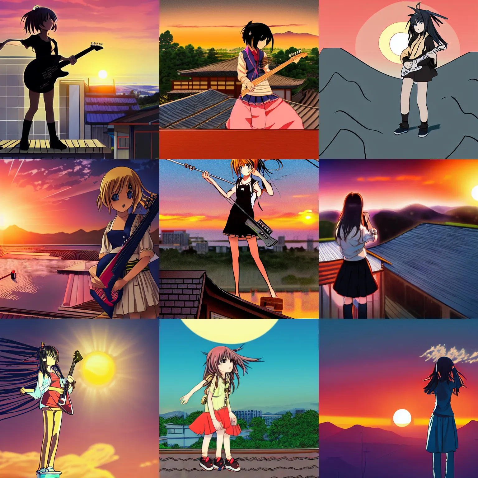 Prompt: anime girl stands on the roof of a japanese house with a bass guitar in her hands against the background of a sunset, comic