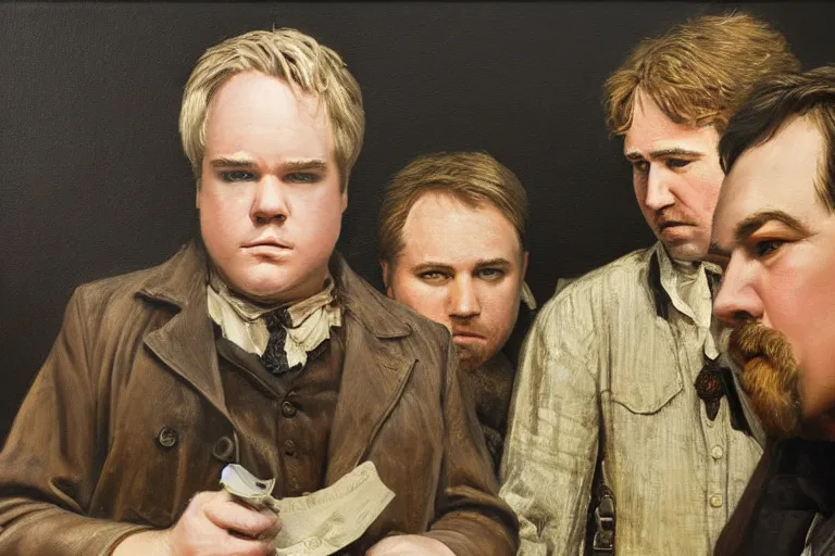 Image similar to detailed, realistic oil painting of phillip seymour hoffman with a pocket - watch and two bandits in a busy old west town