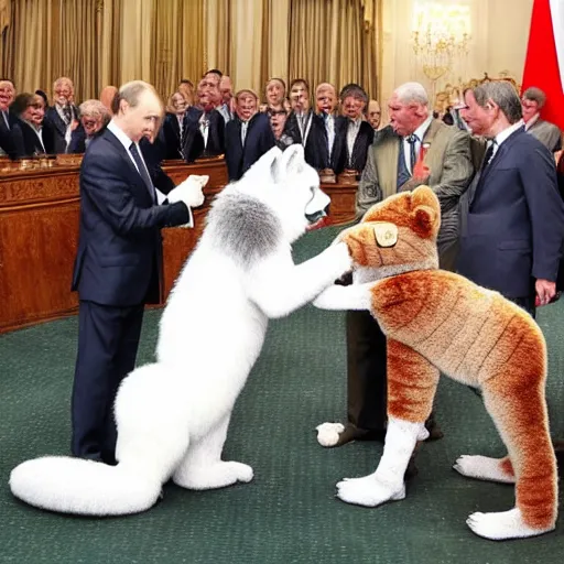 Image similar to Vladimir Putin swearing fealty to a council of furries