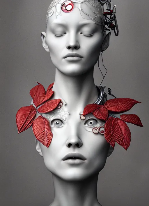 Image similar to complex 3d render ultra detailed of a beautiful porcelain profile young woman face, biomechanical cyborg, 200 mm lens, volumetric lighting, beautiful studio soft light, rim light, silver white gold red details, magnolia big leaves achromatic and stems, roots, fine foliage lace, mesh wire, Alexander Mcqueen high fashion haute couture, art nouveau fashion embroidered, intricate details, hyper realistic, ultra detailed, mandelbrot fractal, anatomical, facial muscles, cable wires, microchip, elegant, octane render, H.R. Giger style, 8k post-production, trending on Artstation