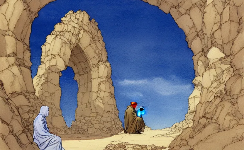 Image similar to a hyperrealist watercolour concept art of a large rock arch dimensional portal showing a clear blue sky. a medieval monk in grey robes is kneeling in prayer below it on a desert road at night. by rebecca guay, michael kaluta, charles vess and jean moebius giraud. high detail, hq, wide shot