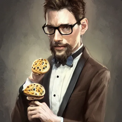 Prompt: a german very long light brown hair guy with glasses and very short goatee on a tuxedo holding a bagel!, trade offer meme, art by greg rutkowski, intricate, elegant, sharp focus, digital painting, concept art, matte, art by artgerm