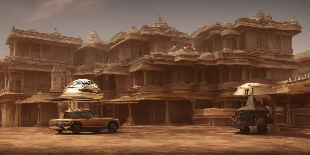 Prompt: a spaceship parked infront of an old richly decorated indian house. the, diffuse light, octane render, 4k, matte painting