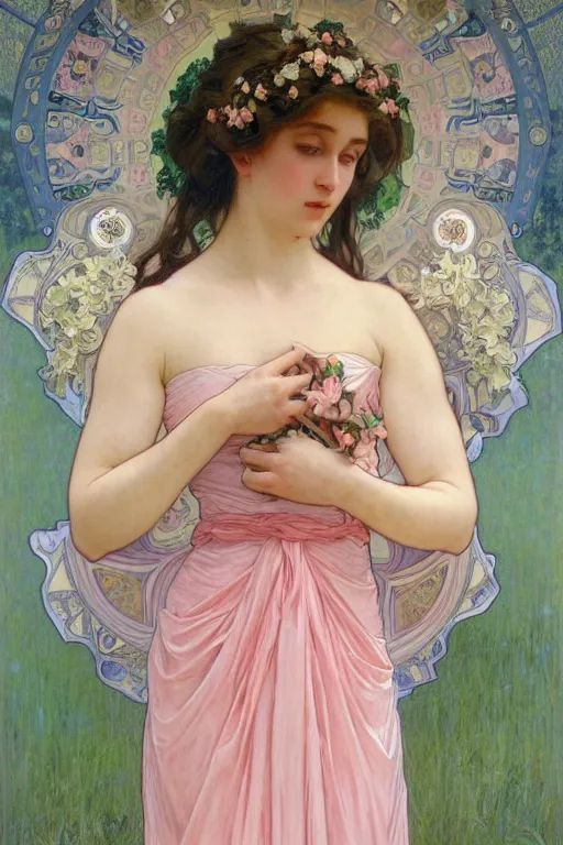 Prompt: beautiful girl in an pink wedding dress, symmetrical full body portrait by Donato Giancola, Alphonse Mucha, Artgerm and William Bouguereau, digital art, ,character concept, Epic, photorealism presented in artstation hyperrealism, award winning artwork,, high quality print, fine art with subtle redshift rendering