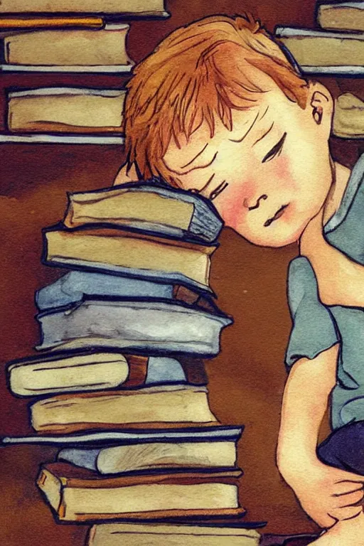 Image similar to a little boy with ginger hair sits cross legged on top of a tall pile of books. he is reading. clean elegant pretty cartoon painting, beautiful detailed face, storybook illustration.