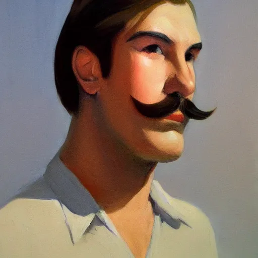 Prompt: a brown haired man with a short mustache staring deeply at camera, detailed, edward hopper, trending on artstation,