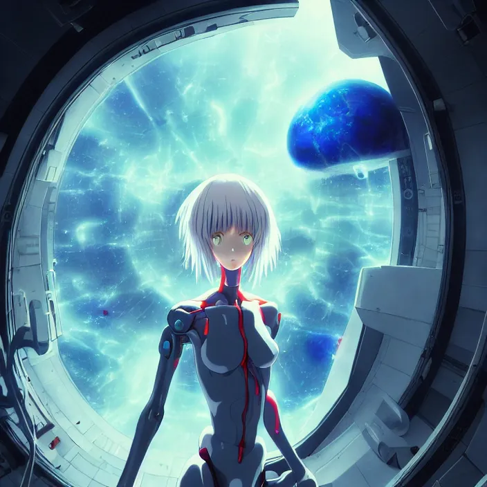 Prompt: Female Anime Character rei ayanami cyborg, giygas, epcot, inside a space station, eye of providence, Beksinski Finnian vivid Wojtek William to eye, hellscape, mind character, Environmental occlusion theme Jia, a William mans character, Artstation station female hyperdetailed with , rei ayanami