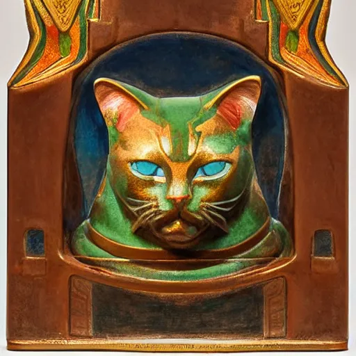 Image similar to cloisonne cat head sculpture, by annie swynnerton and diego rivera and nicholas roerich and jean delville, symbolist, dramatic lighting, god rays, art brut, rich colors, smooth, sharp focus, extremely detailed, adolf wolfli and ( donato giancola and bilibin )