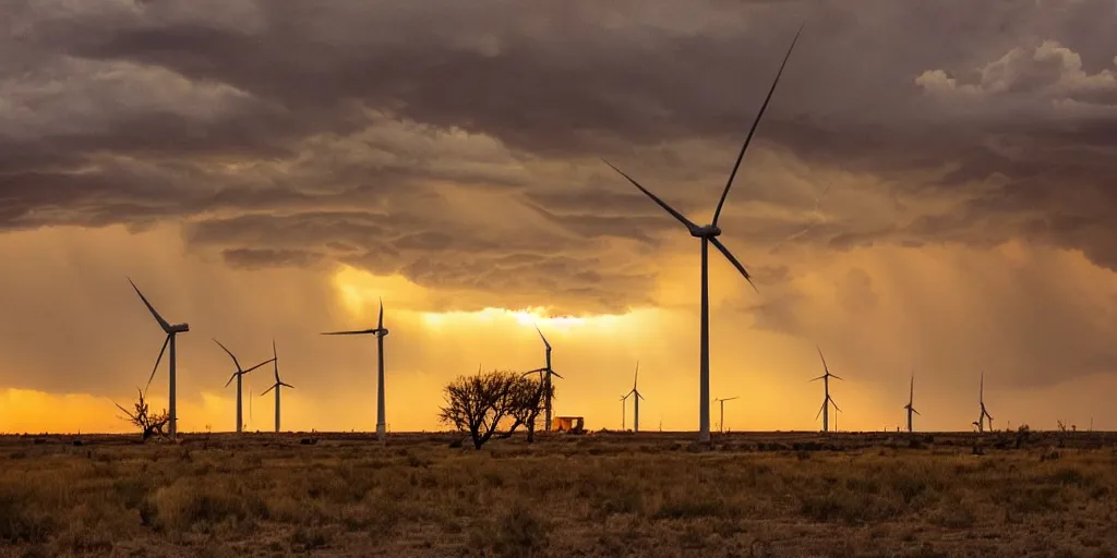 Prompt: photo of a stormy west texas sunset, perfect rustic ( ( wind turbine ) ), film photography, lightning, golden hour, high quality, beautiful!!!