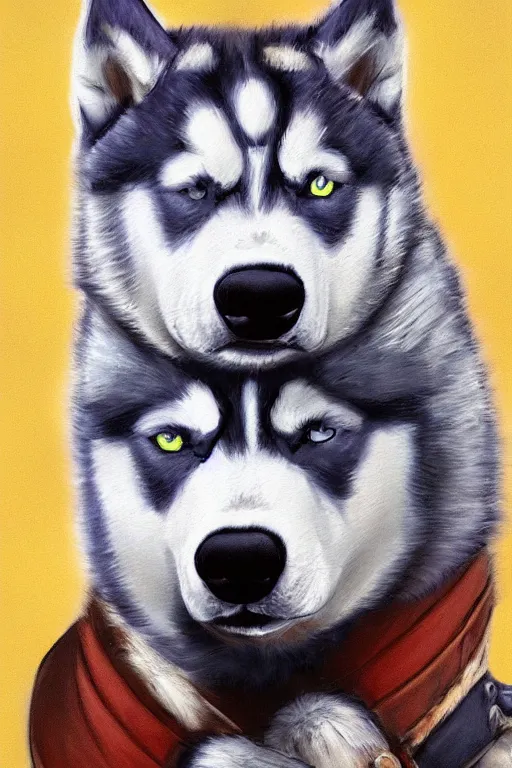 Image similar to a portrait painting of a husky in cowboy costume, a fistful of dollars, character design, anime, furry, humanoid, personify, anthropomorphic