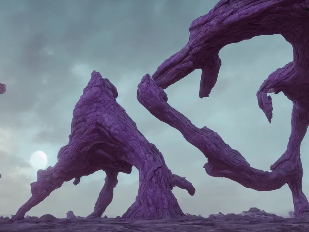 Prompt: a grotesque alien landscape, purple sky and weird alien structures, cinematic, unreal engine 5