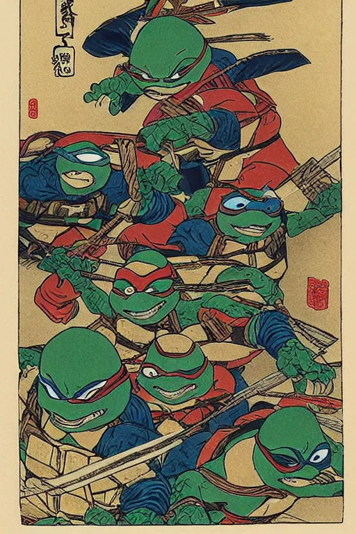 Image similar to Teenage Mutant Ninja Turtles in Japanese ukiyo-e ukiyo-ye woodblock print by Moronobu