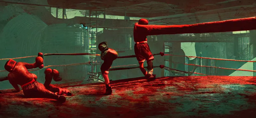 Image similar to handmade illustration of a vicious fight in an illegal boxing ring, bloody uppercut action shot knockout, line art, octane render with volumetric lighting, architectural illustration by MC Escher and cedric peyraavernay, industrial waste processing, bladerunner, green and red radioactive swamp