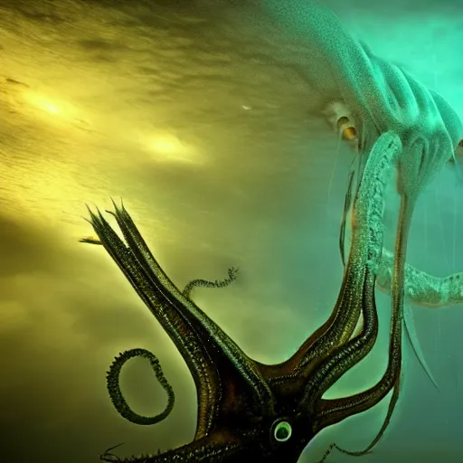 Image similar to bigfin squid, eldritch horror monster, ominous underwater environment, dark souls, terrifying