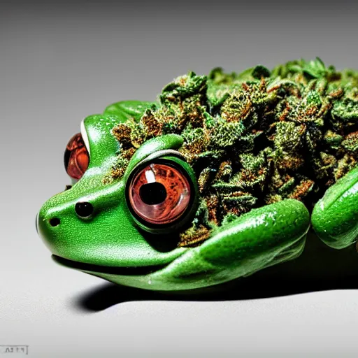 Prompt: beautiful bud of marijuana in a shape of a green frog, intricate details, weta 8 k hyper realistic detailed cinematic still